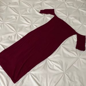 MAROON OFF SHOULDER RIBBED MIDI DRESS